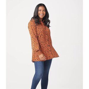 Susan Graver Printed Stretch Peachskin Peplum Big Shirt Size XS Spice Orange NEW